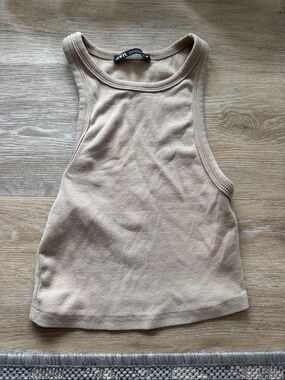 Zara Sand Ribbed High-Neck Racerback Tank
